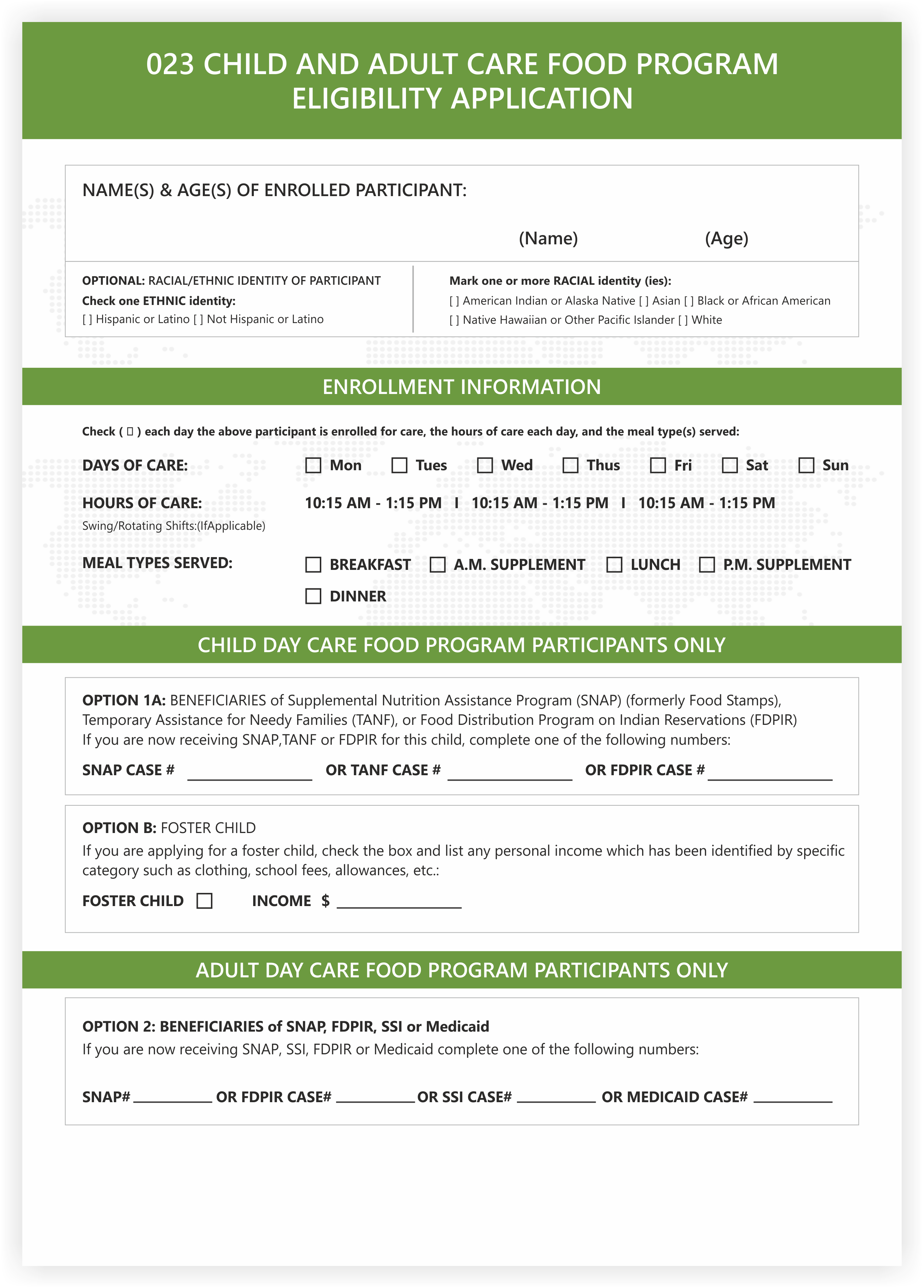 CACFP ELIGIBILITY APPLICATION